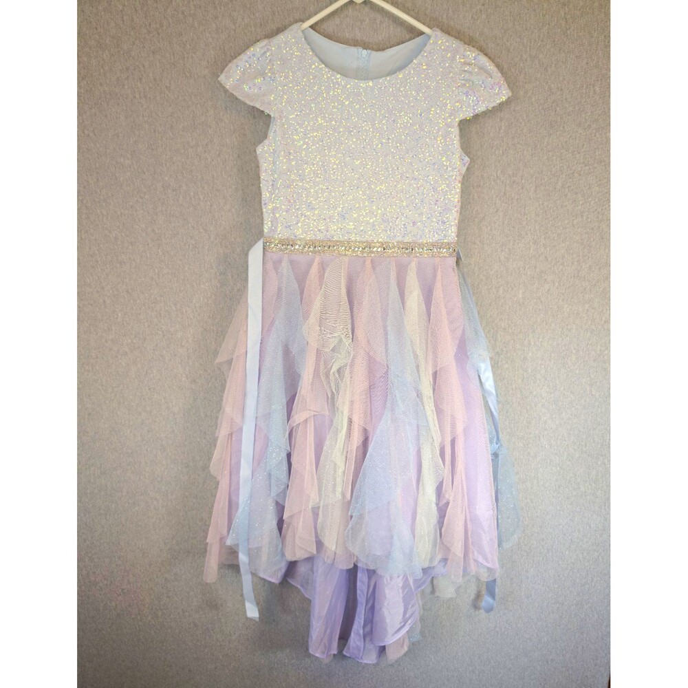Rare Editions Sequin Layered Tulle Bow Fit & Flare Dress 14 White Formal